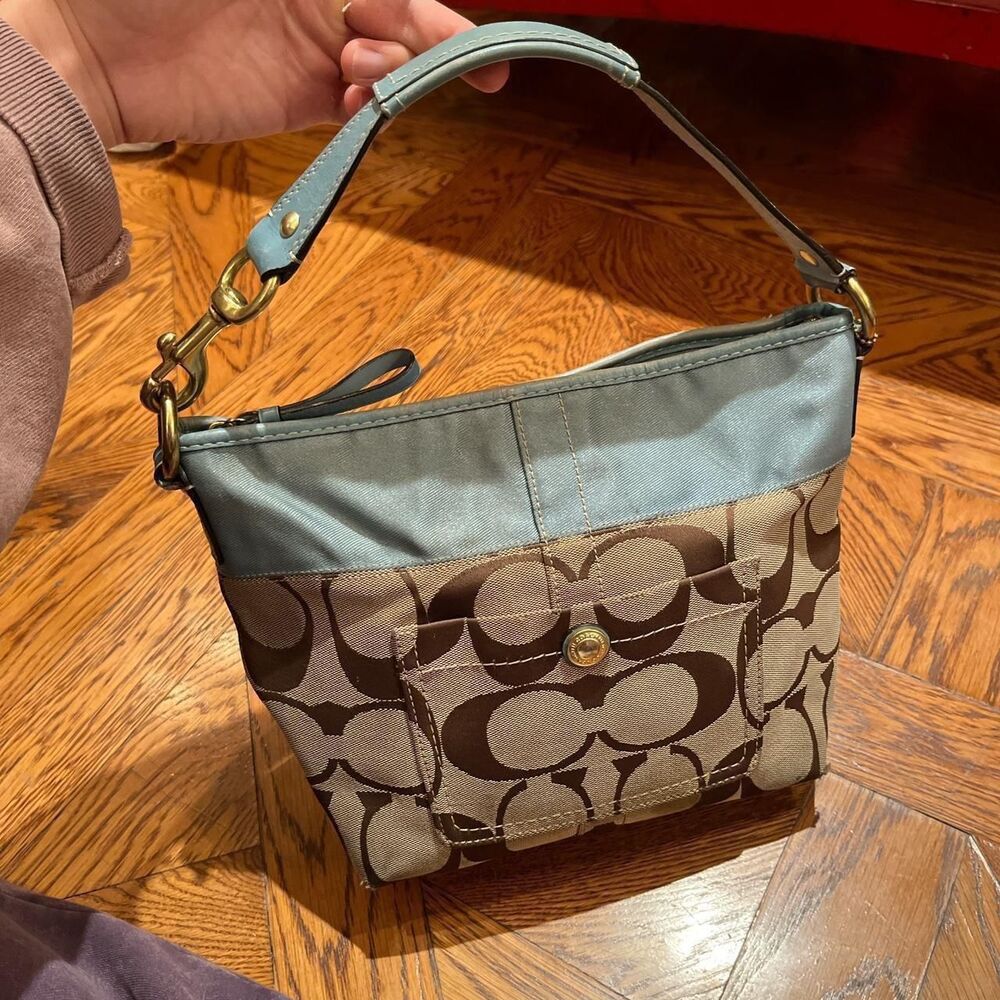 2000s Vintage Coach Signature Carly Hobo Bag baby blue and khaki signature Purse